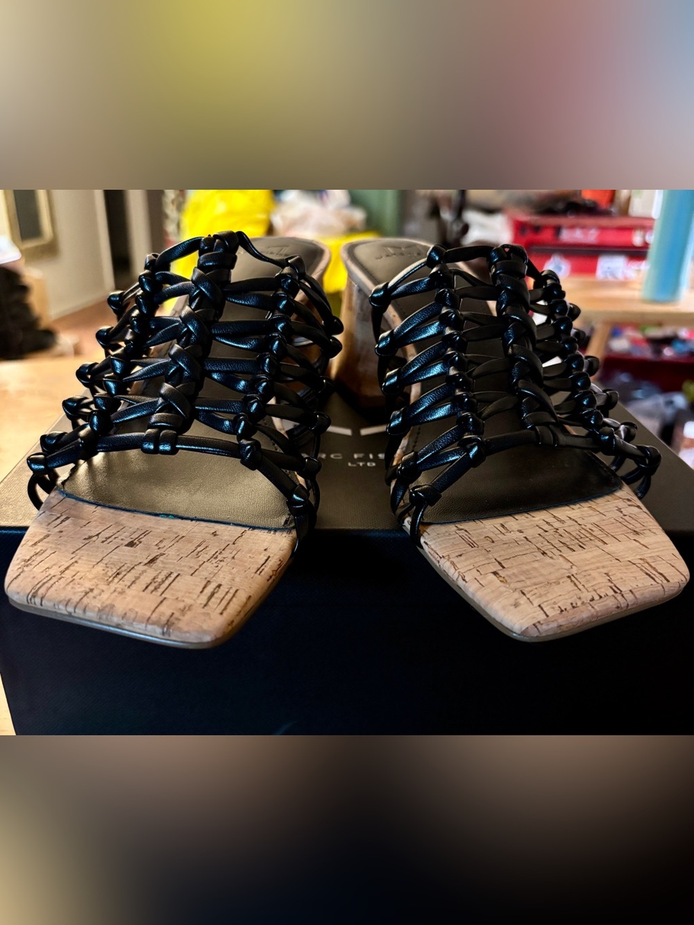 Marc Fisher LTD Colica Black Woven Cork Block Heel Sandals Size 9 NIB